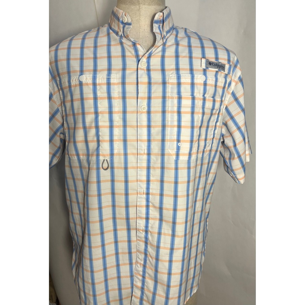 Columbia PFG Medium Short‎ Sleeve Fishing Shirt Plaid Orange Blue Omni-Shade